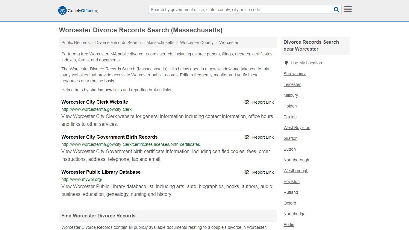 Worcester Divorce Records Search (Massachusetts) - County Office